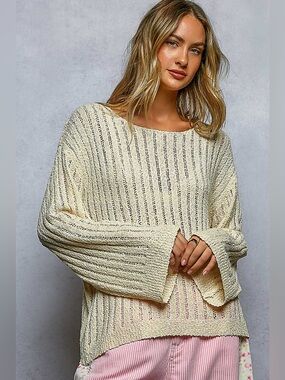 POL Round Neck Long Sleeve Open Weave Sweater
